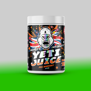  A 480g tub of Gorillalpha Yeti Juice, a sugar-free pre-workout supplement available in three flavors. The limited-edition "Ibiza Juice Remix" offers improved absorption with AstraGin® and promises a powerful energy boost, mood elevation, and happiness. Designed for workouts, it features key ingredients like L-Tyrosine, Alpha GPC, L-Citrulline, Beta-Alanine, and Caffeine Anhydrous. The mix provides benefits such as enhanced focus, muscle endurance, reduced fatigue, and improved energy. Packaged in a vibrant