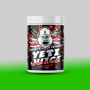  A 480g tub of Gorillalpha Yeti Juice, a sugar-free pre-workout supplement available in three flavors. The limited-edition "Ibiza Juice Remix" offers improved absorption with AstraGin® and promises a powerful energy boost, mood elevation, and happiness. Designed for workouts, it features key ingredients like L-Tyrosine, Alpha GPC, L-Citrulline, Beta-Alanine, and Caffeine Anhydrous. The mix provides benefits such as enhanced focus, muscle endurance, reduced fatigue, and improved energy. Packaged in a vibrant